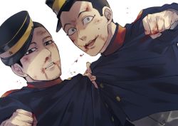 Rule 34 | 2boys, black eyes, black hair, blood, blood on face, blood on hands, buzz cut, clenched hand, clothes pull, facial hair, facial mark, golden kamuy, hat, looking at viewer, male focus, military, military hat, military uniform, multiple boys, ogata hyakunosuke, open mouth, oziozi kamuy, shirt pull, short hair, grey eyes, simple background, stubble, uniform, usami tokishige, very short hair, white background, aged down