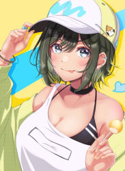 Rule 34 | 1girl, :p, adjusting clothes, adjusting headwear, akashi maho, bare shoulders, bikini, bikini top only, bikini under clothes, black background, black choker, blonde hair, blue eyes, breasts, candy, choker, chupa chups, cleavage, closed mouth, collarbone, commentary request, d4dj, food, green hair, hair between eyes, hands up, hat, holding, holding food, jacket, jewelry, large breasts, light blush, lollipop, long sleeves, looking at viewer, multicolored hair, nyochio (d4dj), off shoulder, partial commentary, ring, shirt, short hair, sidelocks, sleeveless, sleeveless shirt, smile, solo, sparkling eyes, standing, streaked hair, swimsuit, tongue, tongue out, two-tone hair, upper body, white hat, white shirt, wristband, yellow jacket, yuzu ponzu (vgah7445)