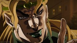 Rule 34 | 1boy, anime coloring, blonde hair, brown eyes, commentary, derivative work, dio brando, earrings, english commentary, grandguerrilla, green lips, green shirt, grin, headband, heart, index finger raised, jacket, jewelry, jojo no kimyou na bouken, lipstick, makeup, male focus, night, official style, outdoors, parody, parted lips, sanpaku, screenshot redraw, shirt, smile, solo, stardust crusaders, style parody, twitter username, yellow jacket