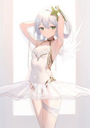 Rule 34 | 1girl, airool, alternate costume, armpits, arms behind head, arms up, bandaged leg, bandages, bare arms, bare shoulders, breasts, closed mouth, collarbone, commentary request, covered navel, cowboy shot, cross-shaped pupils, genshin impact, gold choker, green eyes, hair ornament, highres, leotard, long hair, looking at viewer, nahida (genshin impact), see-through, see-through skirt, side ponytail, sidelocks, skirt, small breasts, symbol-shaped pupils, thighs, two-tone background, white hair, white leotard, white skirt, white wings, wings