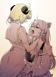 Rule 34 | 2girls, ahoge, animal ears, blonde hair, breasts, cleavage, ear piercing, eye contact, f.w.zholic, finger in another&#039;s mouth, gradient background, hair ornament, hairclip, hand on another&#039;s cheek, hand on another&#039;s face, hand on another&#039;s thigh, hand on another&#039;s waist, highres, hololive, horns, large breasts, lion ears, lion girl, long hair, looking at another, multiple girls, open mouth, piercing, role reversal, saliva, sheep girl, sheep horns, shishiro botan, shishiro botan (button-down), short hair, teeth, tongue, tongue out, tsunomaki watame, tsunomaki watame (street casual), upper teeth only, virtual youtuber, white hair, yellow background, yuri