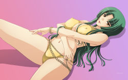 Rule 34 | 00s, 1girl, :d, belt, bikini, blunt bangs, breasts, cameltoe, chain, cleavage, covered erect nipples, crossed arms, green hair, gundam, gundam 00, highres, hime cut, jewelry, large breasts, lipstick, long hair, lots of jewelry, lying, makeup, naughty face, navel, on back, open mouth, shadow, smile, solo, spread legs, swimsuit, tadano akira, thighs, wallpaper, wang liu mei, yellow bikini