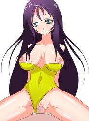 Rule 34 | 1990s (style), 1girl, arms behind back, bare shoulders, black hair, blue eyes, blush, body blush, breasts, censored, clothing aside, cowgirl position, final fantasy, final fantasy vii, girl on top, kageneko, large breasts, leotard, leotard aside, long hair, looking at viewer, nipple slip, nipples, penis, pollensalta, pov, purple hair, pussy, retro artstyle, sex, smile, solo, spread legs, straddling, sweat, vaginal