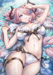 Rule 34 | 1girl, bikini, blue eyes, breasts, breasts apart, butterfly earrings, butterfly ornament, collarbone, double bun, draph, drop earrings, earrings, frilled bikini, frills, granblue fantasy, hair bun, hair over one eye, highres, horns, jewelry, large breasts, light purple hair, long hair, looking at viewer, lying, narmaya (granblue fantasy), narmaya (summer) (granblue fantasy), navel, official alternate costume, on back, outdoors, parted lips, partially submerged, pointy ears, smile, solo, swimsuit, thigh strap, wet, white bikini, yuiko (yuiyuiko 108)