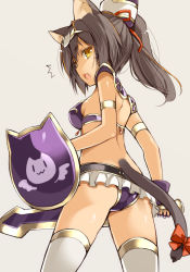 Rule 34 | 1girl, animal ears, armor, ass, bikini, bikini armor, breasts, brown hair, cat ears, cat girl, cat tail, fingerless gloves, gloves, looking at viewer, looking back, medium breasts, ohta yuichi, pauldrons, ponytail, pop-up story, purple bikini, purple gloves, shield, shoulder armor, simple background, solo, suzuna isurugi, swimsuit, sword, tail, thighhighs, weapon, white thighhighs, yellow eyes