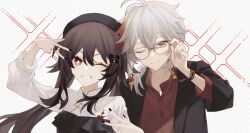 Rule 34 | 1boy, 1girl, aimieria, bespectacled, black hair, black headwear, black jacket, black nails, brown hair, closed mouth, commentary, double w, eyewear strap, flower, flower-shaped pupils, genshin impact, glasses, gradient hair, grey hair, hair between eyes, hat, highres, hu tao (genshin impact), jacket, jewelry, kaedehara kazuha, long hair, long sleeves, looking at viewer, low twintails, multicolored hair, multiple rings, nail polish, one eye closed, ponytail, red eyes, red flower, red hair, red shirt, ring, shirt, sidelocks, simple background, symbol-only commentary, symbol-shaped pupils, twintails, upper body, w