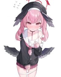 Rule 34 | 1girl, beret, black hat, black shirt, black wings, blue archive, blush, closed mouth, collarbone, commentary, embarrassed, feathered wings, flying sweatdrops, grey wings, halo, hat, head wings, henem416, highres, koharu (blue archive), long sleeves, looking at viewer, low wings, miniskirt, neckerchief, off shoulder, panties, panty pull, pink eyes, pink hair, pink halo, pink neckerchief, pink skirt, pleated skirt, sailor collar, school uniform, shirt, simple background, skirt, sleeves past wrists, solo, sweatdrop, symbol-only commentary, twintails, underwear, white background, white panties, white sailor collar, wings
