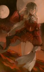 Rule 34 | 1girl, absurdres, arknights, bare shoulders, commentary request, detached sleeves, dress, grey hair, highres, lch, long hair, long sleeves, no headwear, red dress, short dress, skadi (arknights), skadi the corrupting heart (arknights), solo, standing, thighs, very long hair