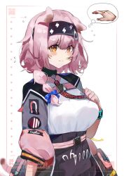 Rule 34 | 1girl, absurdres, animal ears, arknights, blue bow, blush, bow, bracelet, braid, breasts, cat ears, cat girl, cat tail, flying sweatdrops, goldenglow (arknights), hair bow, hanbok625, headband, highres, jacket, jewelry, large breasts, lightning bolt print, pink hair, solo, tail, thought bubble, white background, yellow eyes