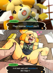 Rule 34 | 1boy, 1girl, ;p, before and after, blonde hair, blush, blush stickers, bottomless, character name, clothed male nude female, clothed sex, comic, dialogue box, dog, animal crossing, english text, erection, furry, happy sex, heart, heavy breathing, hetero, image sample, indoors, instant loss, interspecies, lying, missionary, moaning, mosbles, nintendo, no panties, nude, office, on back, on table, one eye closed, open mouth, paper, penis, pussy, sex, isabelle (animal crossing), skirt, super smash bros., sweat, table, tongue, tongue out, tumblr sample, uncensored, vaginal
