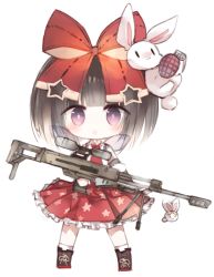 Rule 34 | 1girl, :o, anti-materiel rifle, bad id, bad pixiv id, black hair, blush, boots, bow, brown footwear, chibi, collared shirt, commentary request, cross-laced footwear, explosive, frilled skirt, frills, full body, girls&#039; frontline, grenade, gun, hair bow, holding, holding gun, holding weapon, kotatu (akaki01aoki00), lace-up boots, looking at viewer, m99 (girls&#039; frontline), name connection, object namesake, parted lips, pleated skirt, print skirt, purple eyes, red bow, red neckwear, red skirt, rifle, shirt, simple background, skirt, sniper rifle, socks, solo, standing, star (symbol), star print, weapon, white background, white shirt, white socks, zijiang m99