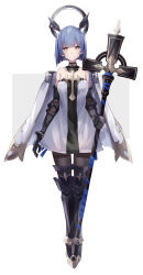 Rule 34 | 1girl, :&lt;, absurdres, arm at side, armored boots, azur lane, bare shoulders, black footwear, black pantyhose, blue hair, blush, boots, cape, closed mouth, cross, dress, floating, floating object, fujii shino, full body, gascogne (azur lane), gauntlets, halo, halter dress, halterneck, headgear, highres, holding, looking back, pantyhose, short hair, solo, standing, thigh boots, thighhighs, two-tone background, white cape, white dress, yellow eyes