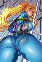 Rule 34 | 1girl, aiming, aiming at viewer, ass, ass focus, blonde hair, blue eyes, blush, bodysuit, breasts, covered erect nipples, darkereve, female focus, from below, gun, handgun, highres, holding, holding gun, holding weapon, huge ass, large breasts, lips, long hair, looking at viewer, metroid, mole, mole under mouth, nintendo, pistol, ponytail, samus aran, skin tight, solo, thick thighs, thighs, weapon, wide hips, zero suit