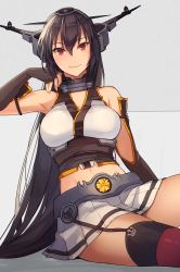 Rule 34 | 1girl, black gloves, black hair, breasts, closed mouth, elbow gloves, fingerless gloves, gloves, grey background, hair between eyes, headgear, highres, kantai collection, kasumi (skchkko), large breasts, long hair, nagato (kancolle), pleated skirt, red eyes, red thighhighs, skirt, smile, solo, thighhighs, white skirt