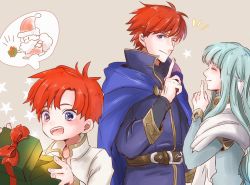 Rule 34 | 1girl, 2boys, armor, blue hair, cape, christmas, dress, eliwood (fire emblem), father and son, fire emblem, fire emblem: the binding blade, fire emblem: the blazing blade, fire emblem heroes, gift, hair ornament, hoshigaki (hsa16g), long hair, mother and son, multiple boys, ninian, nintendo, one eye closed, open mouth, red eyes, red hair, roy (fire emblem), short hair, smile, aged down