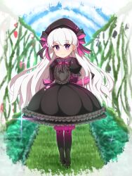 Rule 34 | 1girl, beret, black bow, black dress, black footwear, black gloves, black hat, black pantyhose, blue sky, bow, closed mouth, commentary request, day, doll joints, dress, elbow gloves, fate/extra, fate (series), frilled dress, frilled sleeves, frills, full body, gloves, grey hair, hair between eyes, hair bow, hand up, hat, heart, highres, joints, long hair, looking at viewer, nursery rhyme (fate), pantyhose, pleated dress, puffy short sleeves, puffy sleeves, purple eyes, shoes, short sleeves, sky, smile, solo, spade (shape), standing, striped bow, very long hair, yuya090602