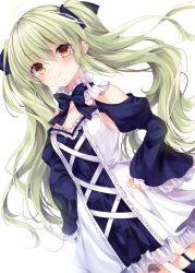 Rule 34 | 1girl, blush, brown eyes, closed mouth, commentary request, detached collar, garter straps, green hair, long hair, looking at viewer, nogi takayoshi, simple background, solo, standing, twintails, white background