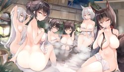 Rule 34 | 6+girls, 7gao, ahoge, akagi (azur lane), animal ears, arm across chest, ass, atago (azur lane), azur lane, bathing, black hair, blue eyes, blush, bow, breasts, brown eyes, brown hair, cleavage, closed mouth, collarbone, covering privates, extra ears, finger to mouth, fox ears, fox tail, hair between eyes, hair bow, hair bun, hair flaps, hair ornament, hair over breasts, hair over one breast, highres, holding, holding hair, kaga (azur lane), large breasts, long hair, looking at viewer, mole, mole under eye, multiple girls, multiple tails, naked towel, night, nude, nude cover, onsen, open mouth, outdoors, ponytail, red eyes, short hair, shoukaku (azur lane), silver hair, single hair bun, sitting, smile, soaking feet, steam, swept bangs, taihou (azur lane), tail, takao (azur lane), towel, very long hair, wet, white bow
