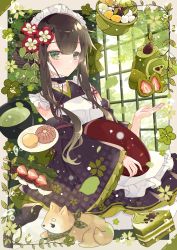 Rule 34 | 1girl, absurdres, aoi yugina, apron, black kimono, blush, brown eyes, brown hair, cake, cake slice, cat, choker, closed mouth, flower, flower knot, food, frilled choker, frilled sleeves, frills, hair flower, hair ornament, hand up, highres, holding, japanese clothes, kimono, leaf, long hair, long sleeves, looking at viewer, maid, maid apron, maid headdress, messy hair, off shoulder, original, sidelocks, sitting, smile, solo, wa maid, wide sleeves