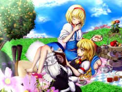 Rule 34 | 2girls, alice margatroid, ankle boots, apple, apron, barefoot, blanket, blonde hair, bloomers, blue sky, blueberry, book, boots, unworn boots, bow, braid, cake, capelet, cheesecake, cloud, cup, day, dress, closed eyes, flower, flower request, food, unworn footwear, fruit, grass, grimoire, hair bow, hairband, hat, unworn hat, hat ribbon, unworn headwear, hexagram, jam, jar, kirisame marisa, kiwi (fruit), knee boots, licking, licking finger, light rays, lolita hairband, long hair, lying on lap, macaron, magic circle, multiple girls, open book, outdoors, picnic, pillow, plate, pudding, puffy short sleeves, puffy sleeves, reading, redoredo (godprogress), ribbon, sandwich, sash, short hair, short sleeves, single braid, sitting, skirt, skirt set, sky, spider lily, strawberry, sunbeam, sunlight, tea set, teacup, teapot, tiered serving stand, touhou, underwear, utensil in mouth, waist apron, witch hat, yellow eyes, yokozuwari