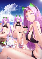 Rule 34 | 3girls, animal ears, bare shoulders, barefoot, basket, beach, bikini, black bikini, blue sky, blush, breasts, cat ears, cleavage, collarbone, euryale (fate), facial mark, fake animal ears, fate/grand order, fate (series), food, forehead, forehead mark, fou (fate), fruit, hairband, highres, large breasts, long hair, looking at viewer, medusa (fate), medusa (rider) (fate), minami koyogi, multiple girls, navel, parted bangs, purple eyes, purple hair, shore, siblings, sidelocks, sisters, sitting, sky, small breasts, smile, stheno (fate), swimsuit, thighs, twintails, very long hair