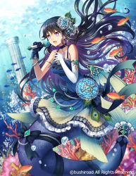 Rule 34 | :d, asymmetrical gloves, black gloves, black hair, blue dress, cardfight!! vanguard, column, company name, coral, day, dress, elbow gloves, fish, gloves, hair ornament, holding, holding microphone, long hair, mermaid, microphone, mismatched gloves, monster girl, music, official art, open mouth, outdoors, peacock feathers, pillar, purple eyes, ronce, singing, smile, sunlight, underwater, watermark, white gloves