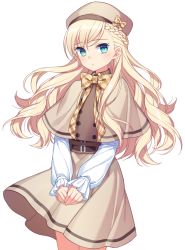 Rule 34 | 1girl, blonde hair, blue eyes, blush, braid, brown skirt, capelet, closed mouth, cowboy shot, hat, jenevan, long sleeves, looking at viewer, neck ribbon, ribbon, simple background, skirt, solo, standing, transparent background, yellow ribbon