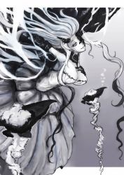Rule 34 | 10s, 1girl, absurdly long hair, abyssal jellyfish princess, abyssal ship, breasts, colored skin, dress, highres, horns, jellyfish, kantai collection, large breasts, long hair, monochrome, pepii, restrained, grey eyes, single horn, smile, solo, very long hair, white dress, white hair, white skin