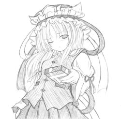 Rule 34 | 1girl, box, buttons, eyebrows, female focus, gift, gift box, greyscale, hat, long hair, long sleeves, looking at viewer, monochrome, one eye closed, ribbon, shiki eiki, sidelocks, simple background, skirt, solo, touhou, vest, white background, wide sleeves