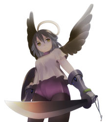 Rule 34 | 1girl, angel, brown hair, choker, female focus, from below, gauntlets, halo, non-web source, pantyhose, shield, short hair, simple background, solo, sword, weapon, white background, wings, yellow eyes