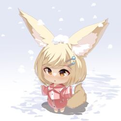 Rule 34 | 1girl, :&lt;, animal ear fluff, animal ears, barefoot, blonde hair, brown eyes, chibi, collared jacket, commentary request, fox ears, fox girl, fox tail, full body, hair ornament, hairclip, highres, jacket, long sleeves, original, parted lips, pink jacket, snow, snow on head, snowflake hair ornament, snowing, solo, standing, swept bangs, tail, triangle mouth, wide sleeves, yuuji (yukimimi)