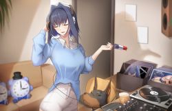 Rule 34 | 1girl, absurdres, blue eyes, blue hair, bow, bow earrings, breasts, closed eyes, couch, cowboy shot, cup, dog, earrings, hair between eyes, hair intakes, hat, headphones, highres, holding, hololive, hololive english, indoors, jewelry, large breasts, long sleeves, open mouth, ouro kronii, shadow, shorts, solo, teeth, tongue, tsukumo sana, virtual youtuber, zenya