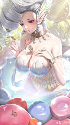 Rule 34 | 1girl, armlet, between breasts, bracelet, breasts, cleavage, giant, giantess, great fairy (zelda), great fairy tera, heart, heart-shaped pupils, highres, jewelry, large breasts, link, looking at another, nintendo, partially submerged, pointy ears, pompadour, symbol-shaped pupils, the legend of zelda, the legend of zelda: breath of the wild, yuxing yuhang