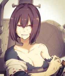 Rule 34 | 10s, breasts, brown hair, cleavage, glowing, glowing eyes, highres, hyuuga (kancolle), injury, kantai collection, personification, red eyes, short hair, torn clothes, tsukamoto minori