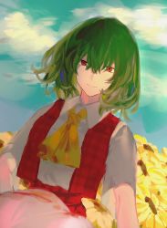 Rule 34 | 1girl, ascot, bad id, bad twitter id, closed mouth, cloud, cloudy sky, collared shirt, day, dutch angle, eyebrows hidden by hair, field, flower, flower field, green hair, hair between eyes, highres, kazami yuuka, koyomiyoko o, light smile, long sleeves, looking at viewer, medium hair, open clothes, open vest, parasol, pink umbrella, plaid, plaid skirt, plaid vest, red eyes, red skirt, red vest, shirt, skirt, skirt set, sky, solo, touhou, umbrella, upper body, vest, white shirt, yellow ascot, yellow flower