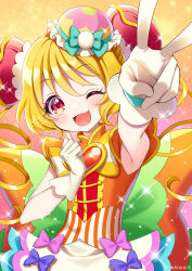 Rule 34 | 1girl, artist name, back bow, blonde hair, bow, brooch, bun cover, china dress, chinese clothes, cure yum-yum, delicious party precure, dress, foreshortening, gloves, hair bun, hanamichi ran, heart, heart brooch, highres, huge bow, jewelry, looking at viewer, magical girl, one eye closed, open mouth, orange bow, orange dress, precure, red eyes, signature, sleeveless, sleeveless dress, smile, solo, sparkle, triple bun, twitter username, v, white gloves, yukinko (yukiwork)