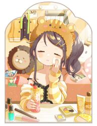 1girl animal_hat applying_makeup bear_hat black_hair blush bottle closed_eyes commission dot_nose ebi_frion_(natsuiro_matsuri) frills hair_ornament hairclip hat holding holding_bottle hololive jacket makeup manga_(object) mirror natsuiro_matsuri natsuiro_matsuri_(1st_costume) natsuiro_matsuri_(matsuri&#039;s_day_off) off_shoulder official_alternate_costume parted_lips shuu_(syuuuuuuuuuu) side_ponytail sidelocks skeb_commission skirt solo strap_slip striped_sleeves stuffed_animal stuffed_lion stuffed_toy table unworn_jacket unworn_skirt upper_body vanity_table virtual_youtuber yellow_jacket