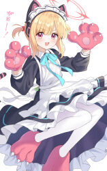 Rule 34 | 1girl, absurdres, animal ear headphones, animal ears, animal hands, apron, black dress, blonde hair, blue archive, blue ribbon, blush, bow, cat ear headphones, claws, dress, fake animal ears, fake tail, gloves, hair bow, halo, headphones, highres, long sleeves, maid apron, maid headdress, momoi (blue archive), momoi (maid) (blue archive), neck ribbon, official alternate costume, open mouth, pantyhose, paw gloves, paw shoes, pink eyes, pink halo, ribbon, short hair, smile, solo, tail, two side up, w, warojiku, white apron, white background, white pantyhose