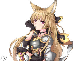 Rule 34 | 1girl, absurdres, animal ears, armor, black gloves, blonde hair, braid, breastplate, choker, commentary request, erune, glove in mouth, glove pull, gloves, granblue fantasy, highres, long hair, looking at viewer, mouth hold, pink eyes, shitamichi, solo, very long hair, yuisis (granblue fantasy)