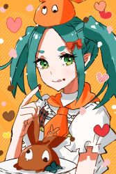 Rule 34 | 1girl, :p, apron, aqua hair, bow, chocolate, commentary, food, food on face, food on hand, garnish, googly eyes, green eyes, hair bow, hand up, hat, heart, highres, light smile, looking at viewer, monogatari (series), neckerchief, ononoki yotsugi, orange background, orange neckerchief, plaid, plate, puffy short sleeves, puffy sleeves, red bow, serving, short hair, short sleeves, solo, tongue, tongue out, tray, twintails, valhalla0707