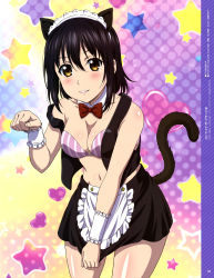 Rule 34 | 10s, 1girl, absurdres, animal ears, apron, black hair, black skirt, blush, bow, bowtie, bra, breasts, brown eyes, cat ears, cat tail, choker, cleavage, collarbone, copyright name, cowboy shot, frilled apron, frills, furukawa hideki, hair between eyes, heart, highres, himeragi yukina, looking at viewer, maid headdress, medium breasts, megami magazine, midriff, miniskirt, navel, official art, page number, parted lips, paw pose, red bow, red bowtie, shiny skin, short hair, skirt, skirt tug, smile, solo, standing, star (symbol), stomach, strapless, strapless bra, strike the blood, striped bra, striped clothes, tail, underwear, vertical-striped bra, vertical-striped clothes, waist apron, white apron, wrist cuffs