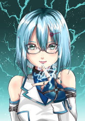 Rule 34 | 1girl, aqua eyes, aqua hair, bare shoulders, commentary request, dead or alive, dead or alive 6, electricity, fingerless gloves, fingernails, forest (4423), glasses, gloves, hair ornament, hairclip, hand up, highres, looking at viewer, nico (doa), short hair, smile, solo, upper body
