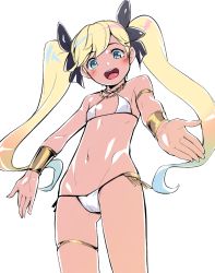 Rule 34 | 10s, 1girl, bikini, blonde hair, blue eyes, bow, cowboy shot, criss-cross halter, female focus, flat chest, gauntlets, granblue fantasy, h kasei, hair bow, halterneck, halterneck, io (granblue fantasy), jewelry, long hair, looking at viewer, navel, necklace, open mouth, original, simple background, smile, solo, swimsuit, twintails, very long hair, white background, white bikini