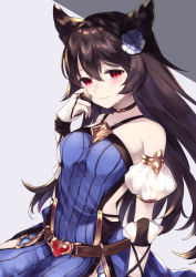 Rule 34 | 1girl, 40 (0f0urw), absurdres, animal ears, belt, black hair, blue dress, blue flower, breasts, bridal gauntlets, brown belt, choker, closed mouth, collarbone, crying, crying with eyes open, detached sleeves, dress, floating hair, flower, granblue fantasy, hair between eyes, hair flower, hair ornament, heart, highres, long hair, medium breasts, nier (granblue fantasy), red eyes, short sleeves, sitting, sleeveless, sleeveless dress, solo, tears, very long hair, white sleeves
