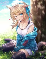 Rule 34 | 1girl, ;d, animal ears, warrior of light (ff14), black thighhighs, blonde hair, breasts, cat ears, cat tail, day, earrings, facial mark, final fantasy, final fantasy xiv, hair ribbon, highres, jewelry, long hair, looking at viewer, medium breasts, miqo&#039;te, mirukurim, off shoulder, one eye closed, open mouth, outdoors, pendant, ponytail, ribbon, sitting, slit pupils, smile, solo, swept bangs, tail, thighhighs, tree, wariza, whisker markings