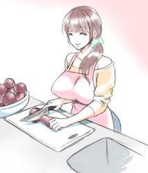 Rule 34 | 1girl, ^ ^, apron, bare shoulders, blush, breasts, brown hair, chopping, chopping board, closed eyes, cooking, cowboy shot, cutting board, gradient background, happy, kitchen knife, knife, large breasts, long hair, mature female, mushroom, no nose, phallic symbol, pink apron, ponytail, simple background, sketch, smile, solo, standing, usagi nagomu
