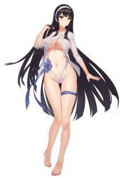 Rule 34 | 1girl, absurdres, bare legs, barefoot, black hair, blush, breasts, casual one-piece swimsuit, cleavage, closed mouth, fingernails, full body, girls&#039; frontline, gluteal fold, groin, hairband, highleg, highleg swimsuit, highres, large breasts, long hair, long sleeves, looking at viewer, navel, ninsaki (9saki), one-piece swimsuit, open clothes, open shirt, type 95 (girls&#039; frontline), shirt, skindentation, sleeves pushed up, slingshot swimsuit, smile, solo, straight hair, swimsuit, thigh gap, thigh strap, transparent background, underboob, very long hair, white hairband, white shirt, yellow eyes