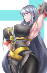 Rule 34 | 1girl, absurdres, arm up, armpits, backless outfit, bad id, bad tumblr id, bare shoulders, belt, black gloves, blush, breasts, buttons, closed mouth, detached sleeves, gloves, hair between eyes, halterneck, highres, hip focus, hometa, huge breasts, long hair, looking at viewer, military, military uniform, pantyhose, red eyes, selvaria bles, senjou no valkyria, senjou no valkyria (series), senjou no valkyria 1, silver hair, solo, sweat, uniform, very long hair, wide hips