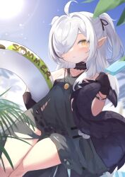 Rule 34 | 1girl, absurdres, ahoge, arknights, bare shoulders, black choker, black dress, black gloves, blue sky, bracelet, choker, commentary request, day, dragon tail, dress, food, frown, gloves, hair over one eye, highres, innertube, jewelry, klaius, long hair, looking at viewer, one eye covered, outdoors, pointy ears, popsicle, sky, solo, sun, swim ring, tail, tomimi (arknights), two side up, white hair, yellow eyes