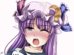 Rule 34 | 1girl, blush, breasts, close-up, cum, long hair, one eye closed, pandora (angelfeather-heart), patchouli knowledge, purple eyes, purple hair, touhou